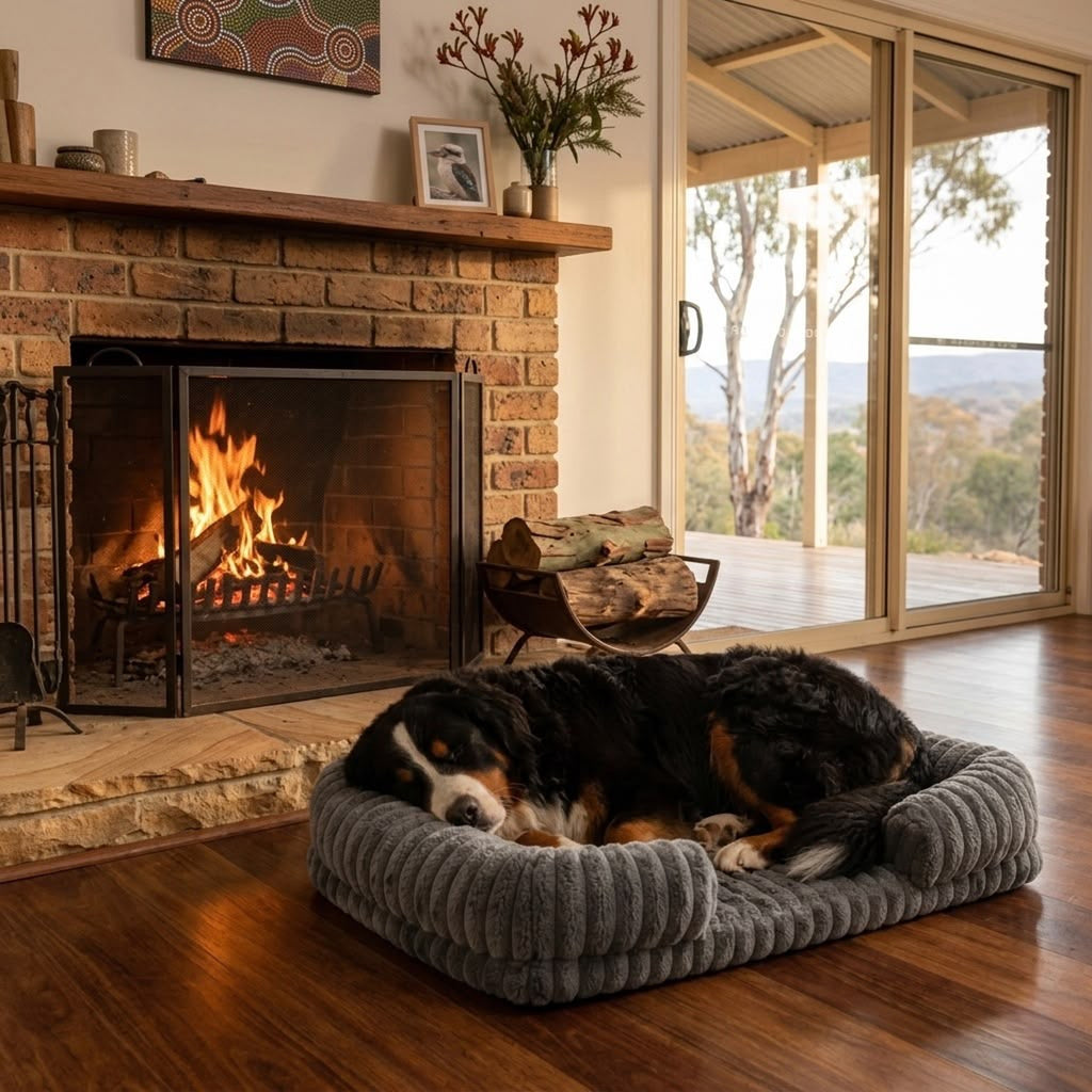 Bernese mountain dog resting on the Pawzy Cloud Bed by the fireplace