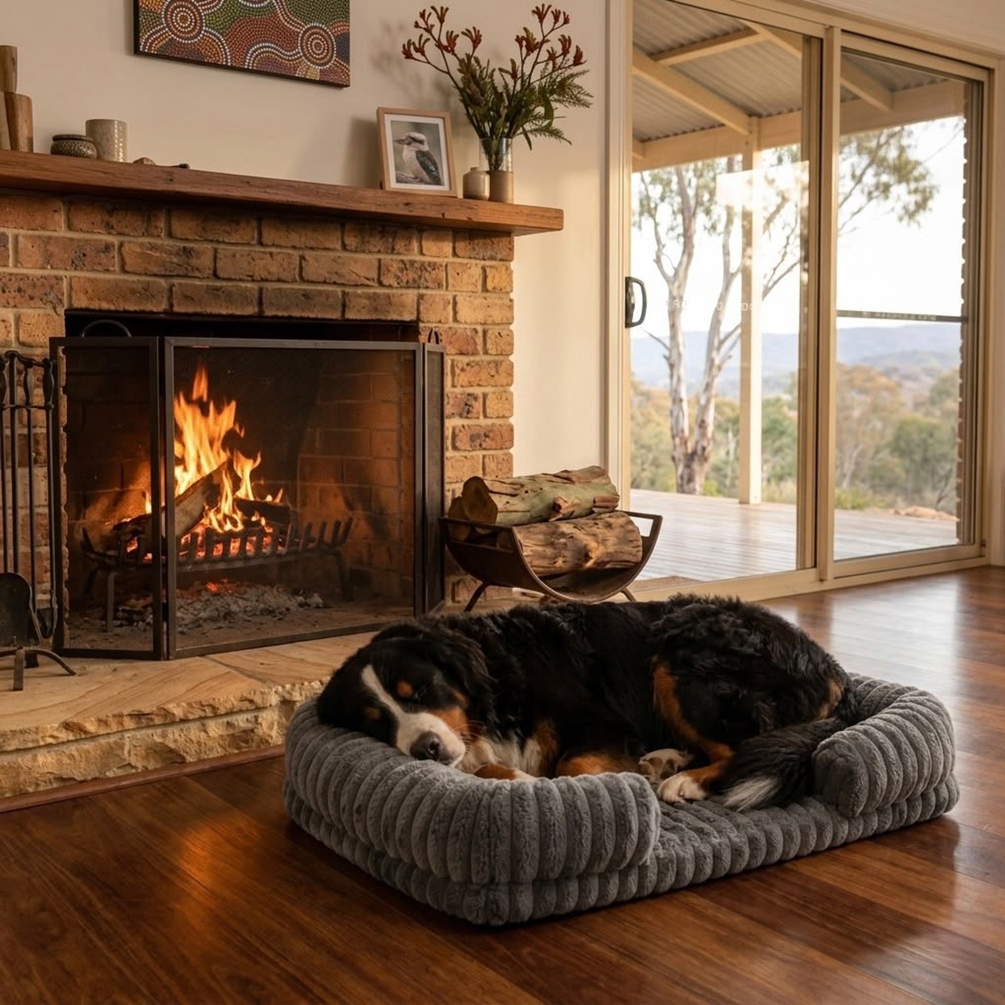 Bernese mountain dog resting on the Pawzy Cloud Bed by the fireplace