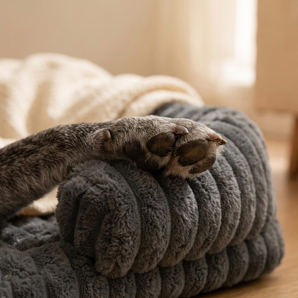 Close-up of the Pawzy Cloud Bed plush ribbed texture and dog paw