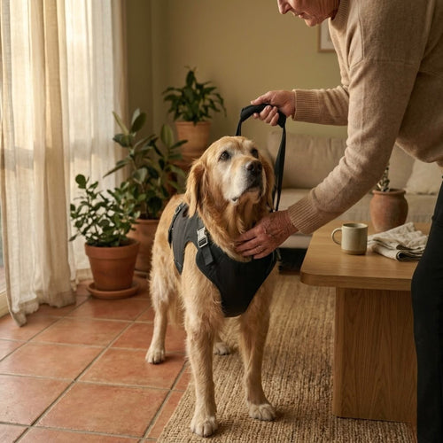 Senior golden dog wearing the Pawzy Lift harness at home