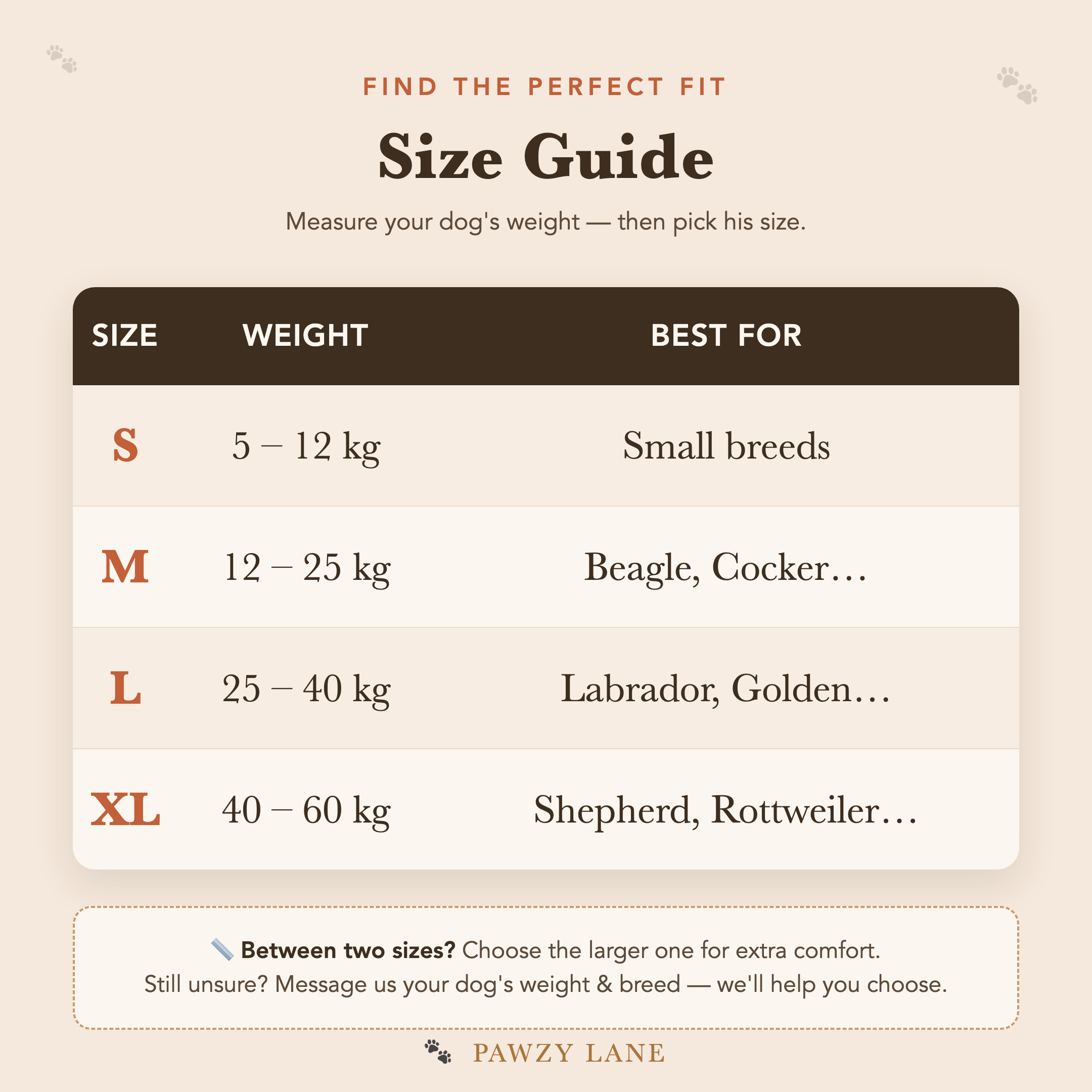 Pawzy Lift size guide — S to XL by dog weight