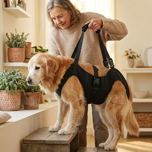 Owner gently lifting her senior golden retriever with the Pawzy Lift support harness