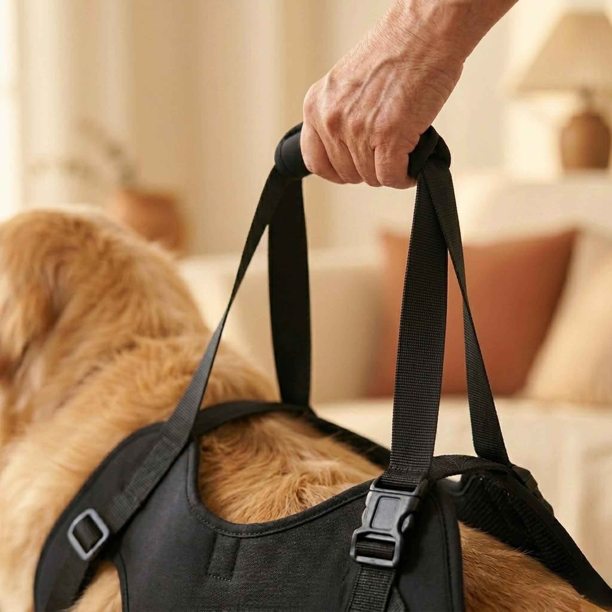 Padded handle of the Pawzy Lift harness held by hand