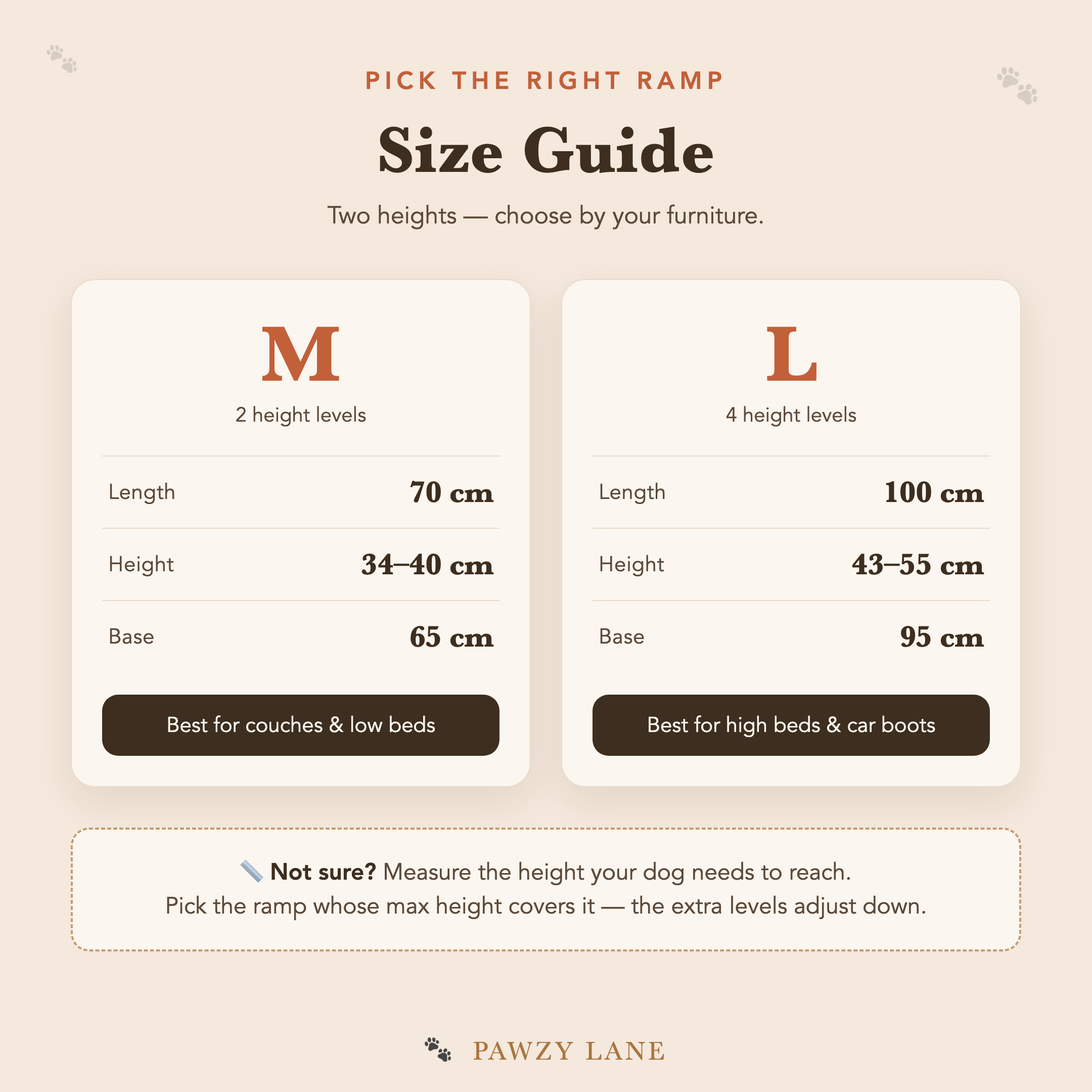 Pawzy Ramp size guide — M and L dimensions