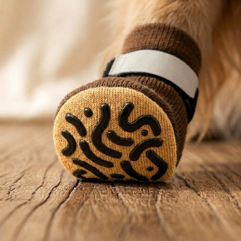 Close-up of the anti-slip silicone grip sole on a Pawzy dog sock on hardwood