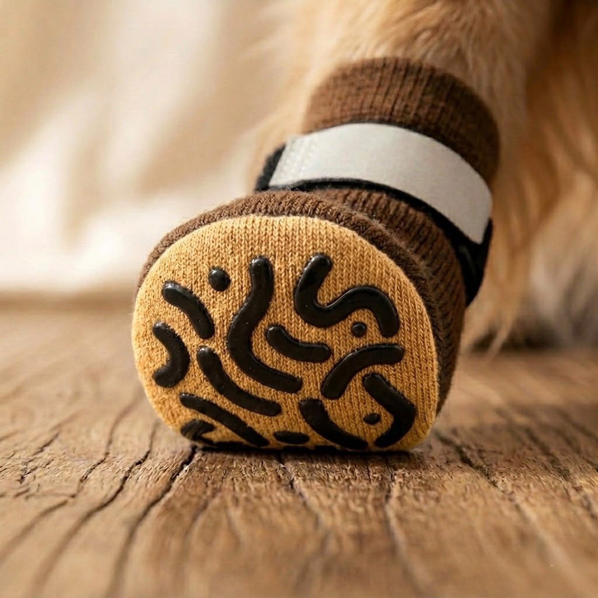 Close-up of the anti-slip silicone grip sole on a Pawzy dog sock on hardwood