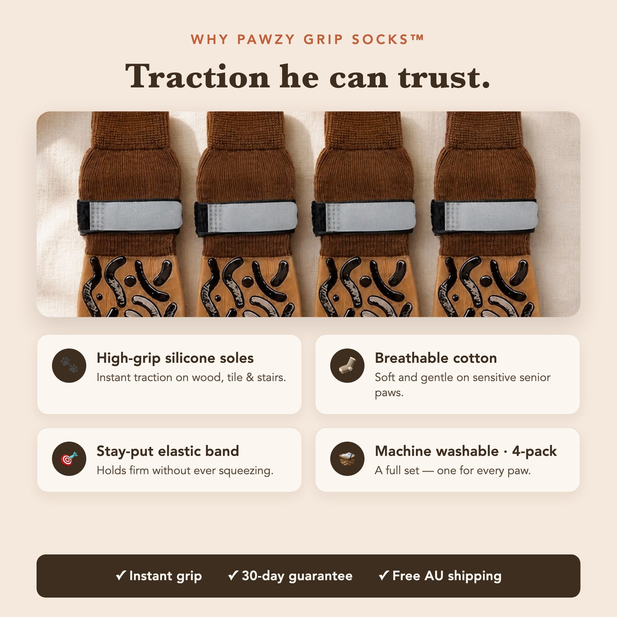 Pawzy Grip Socks features — silicone soles, breathable cotton, machine washable, 4-pack