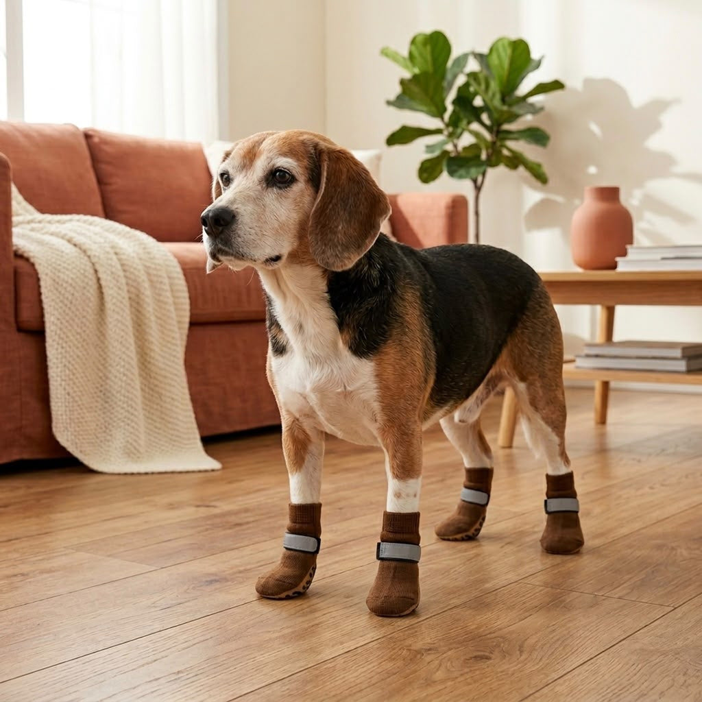 Senior beagle walking confidently on hardwood wearing Pawzy Grip Socks