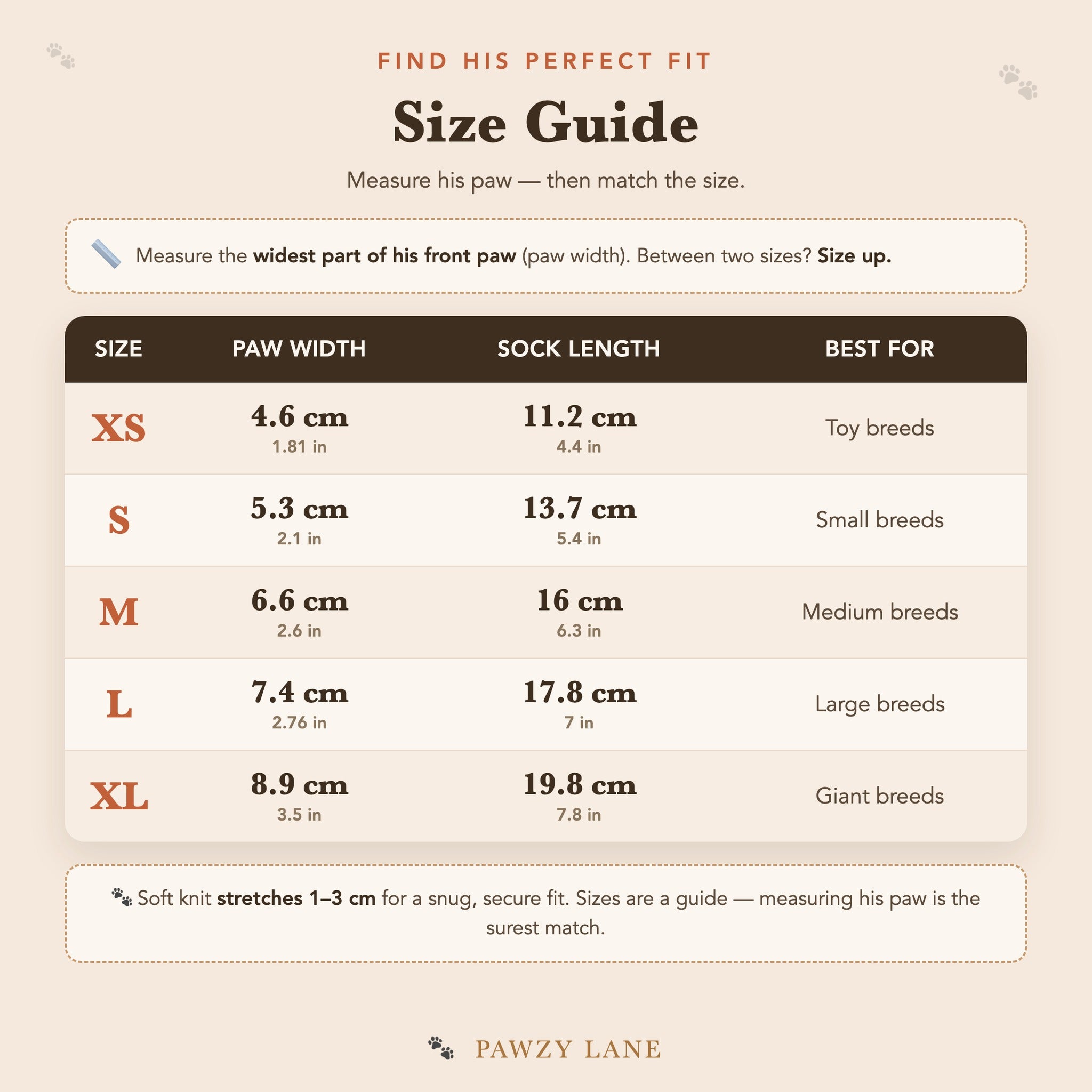 Pawzy Grip Socks size guide — XS, S, M, L, XL by paw width and sock length