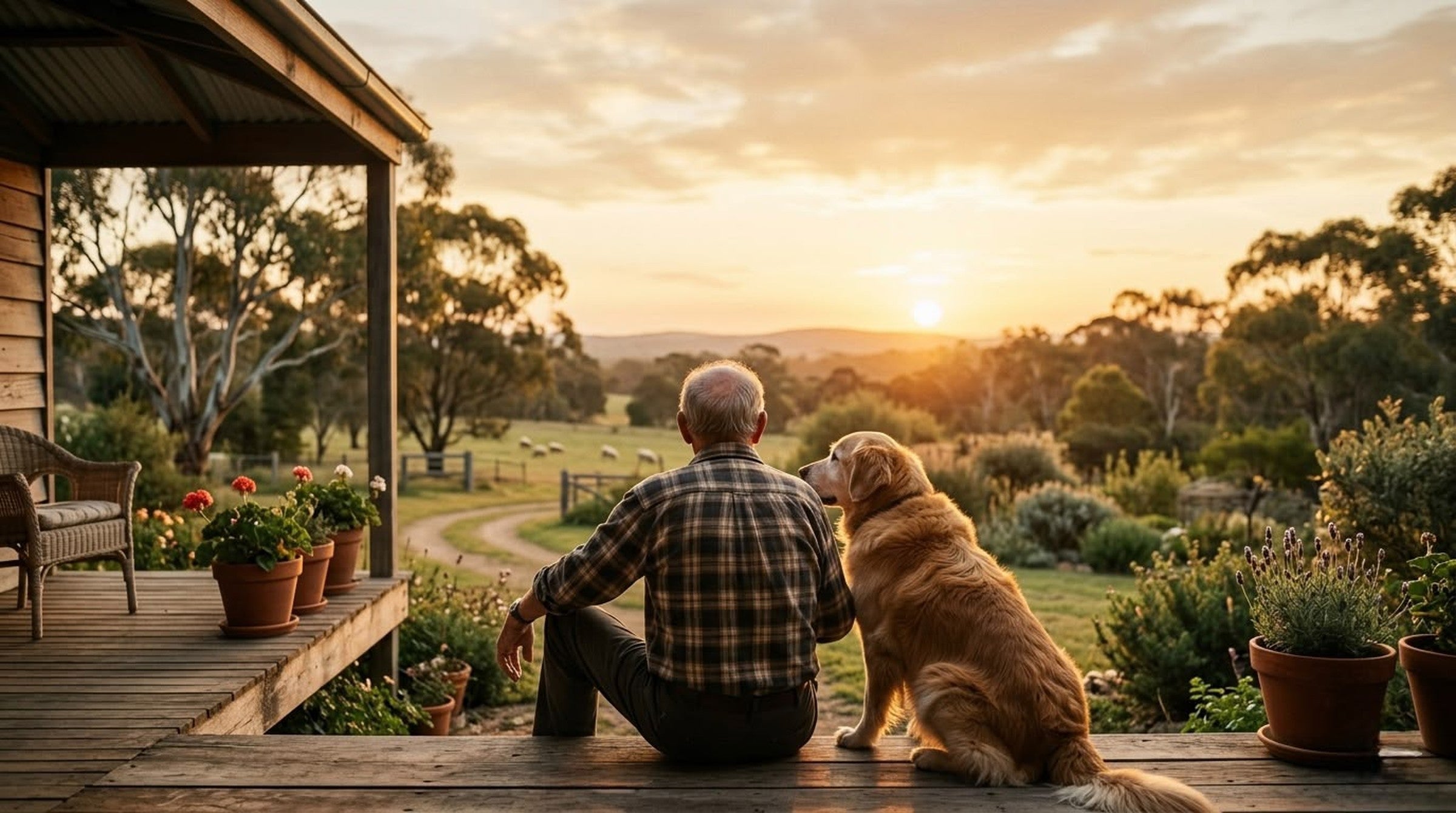 Elderly man and his senior golden retriever watching a golden sunset from the porch