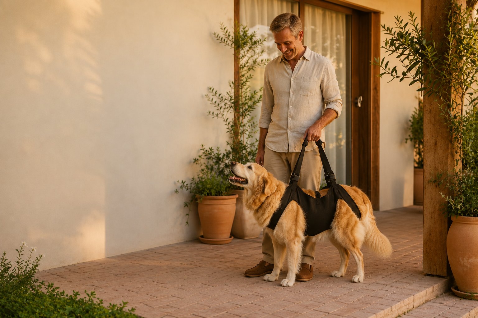 Smiling Australian man with senior golden retriever wearing Pawzy Lift support harness on a cozy terracotta porch