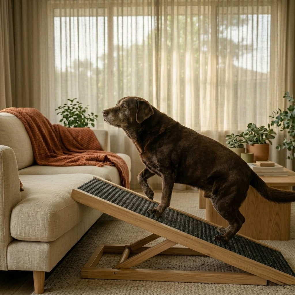 Senior dog walking down the Pawzy Ramp from the couch