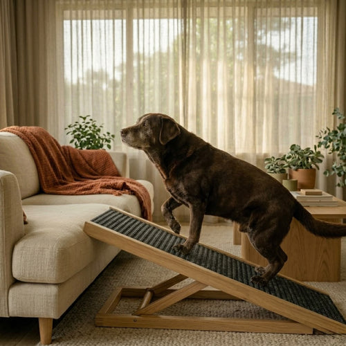 Senior dog walking down the Pawzy Ramp from the couch