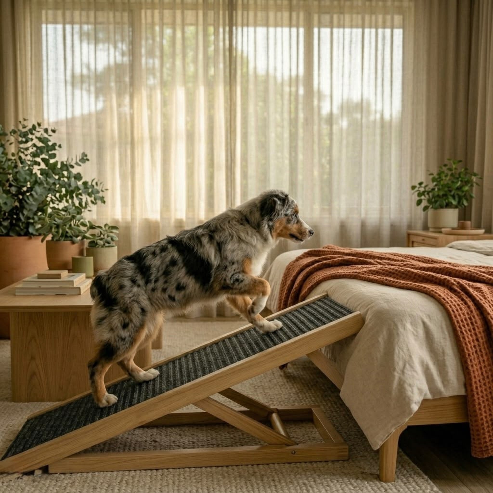Australian shepherd climbing onto the bed using the Pawzy Ramp
